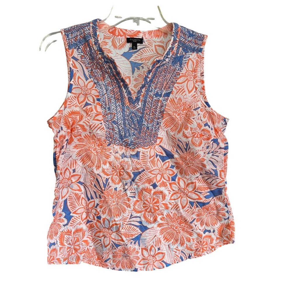 Talbots Petites MP Orange Blue Floral Embroidered Sleeveless Tank Top Gauzy